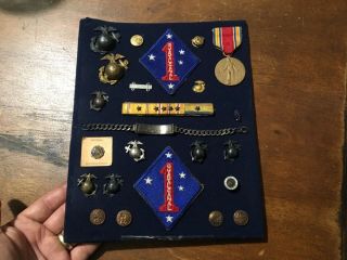 Ww2 Usmc 1st Marine Division Family Keepsake Collage W/guadalcanal Patches & Pin