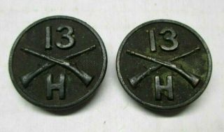Vintage Pair Wwl Us Military Collar Disk 13th Infantry Company H