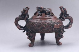 Exquisite Chinese pure copper hand Carved incense burner xuande mark 4