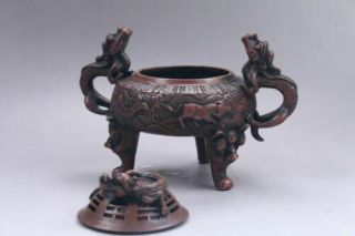 Exquisite Chinese pure copper hand Carved incense burner xuande mark 5