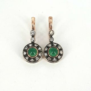 Vintage Russian 14 K Rose Gold Diamond Emerald Earrings