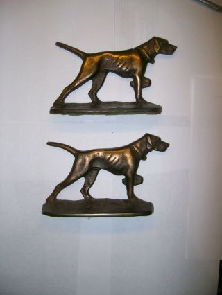Hunting Pointer Dog Bookends - Art Deco Era Cast Iron With Copper Wash S226