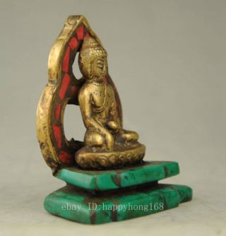 Old Copper & Turquoise Carving A Tibet Buddha Prayer Peace Showily Statue b02 2