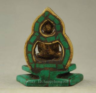 Old Copper & Turquoise Carving A Tibet Buddha Prayer Peace Showily Statue b02 5