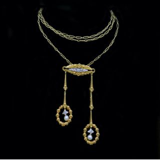 Antique Victorian Necklace Collier Neglige 18k Gold Diamonds Pearls French (6403