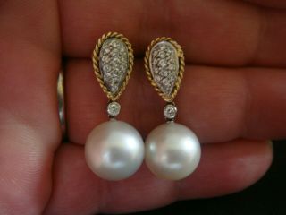 Very Fine Vintage 11 Mm South Sea Pearl & 0.  50ct Diamond 18ct Earrings