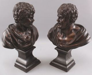 Pair Antique 19thc Theater,  Comedy & Tragedy Bronze Bust Sculptures,  Nr