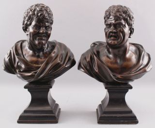 Pair Antique 19thC Theater,  Comedy & Tragedy Bronze Bust Sculptures,  NR 3