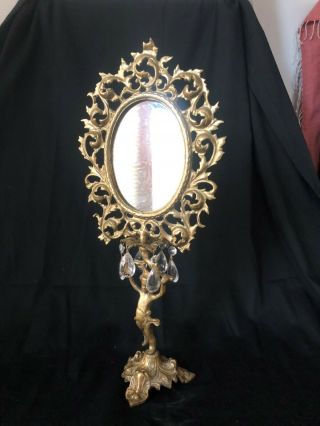 Vintage Solid Brass Frame Standing Vanity Table Mirror