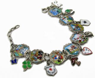 Antique Silver Charm Bracelet Fairy Tales Enamel Lucky Symbols Love Clover