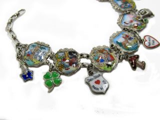 Antique Silver Charm Bracelet Fairy Tales Enamel Lucky Symbols Love Clover 2