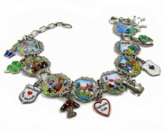 Antique Silver Charm Bracelet Fairy Tales Enamel Lucky Symbols Love Clover 3