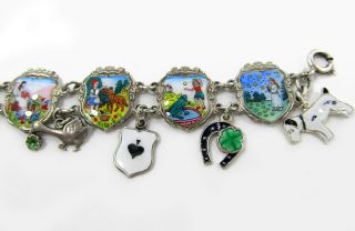 Antique Silver Charm Bracelet Fairy Tales Enamel Lucky Symbols Love Clover 6