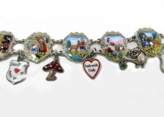 Antique Silver Charm Bracelet Fairy Tales Enamel Lucky Symbols Love Clover 7