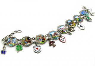 Antique Silver Charm Bracelet Fairy Tales Enamel Lucky Symbols Love Clover 8