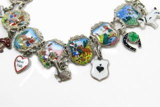Antique Silver Charm Bracelet Fairy Tales Enamel Lucky Symbols Love Clover 9
