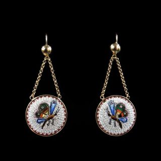 Antique Victorian Micro Mosaic Butterfly 18ct Yellow Gold Drop Earrings C.  1860