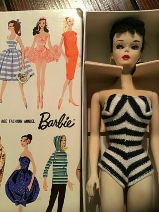 Vintage Barbie Ponytail 3 Brunette With " R " Box And Stand