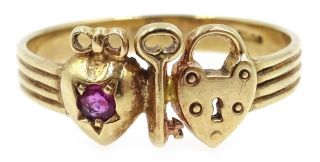 Fine Vintage 9 Carat Gold Ruby Set Heart Key Padlock Love Token Ring O Us 71/4