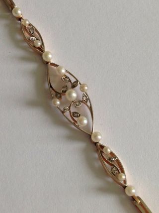 Fine Edwardian 15ct Gold Natural Pearl & Rose Diamond Link Bracelet