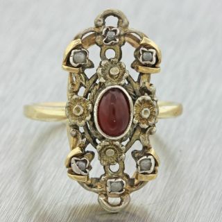 1880s Antique Victorian 14k Yellow Gold Silver Garnet Pearl Flower Ring Z9