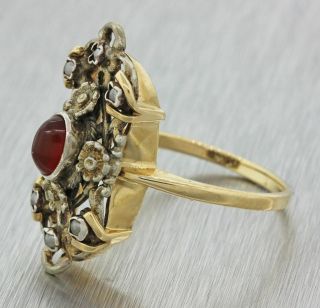 1880s Antique Victorian 14k Yellow Gold Silver Garnet Pearl Flower Ring Z9 3