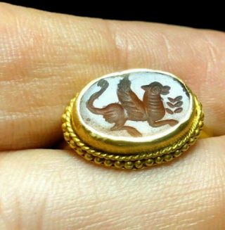 Ancient Carnelian Flying Tiger Mythical Creature Intaglio Solid 22k Gold Ring