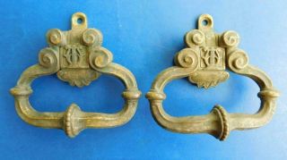 Two Large Ornate Solid Brass Door Cabinet Or Trunk Pull Handles 1800s