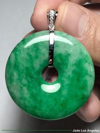 Donut Circle Emerald Green Jadeite Jade Pendant W/18k Gold Diamond Bail 78.  18 Ct
