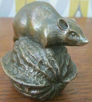Lost Wax Cast Bronze Okimono Of A Rat On A Walnut Japanese Meiji Style