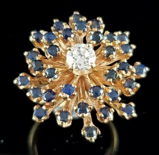 Vintage Diamond Sapphire 14k Yellow Gold Cluster Cocktail Ring Retro Mid Century