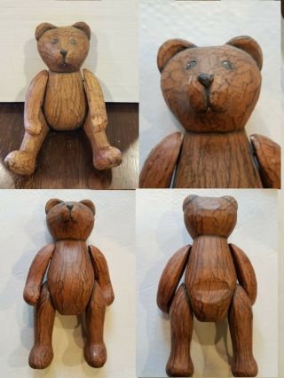 Vtg Hand Carved Wood Teddy Bear Movable Arms Legs Sculpture Figurine Art