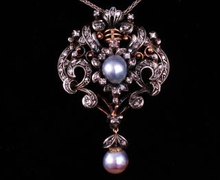 Early Victorian Antique Natural Pearl & Diamond 14k Gold & Silver Brooch Pendant