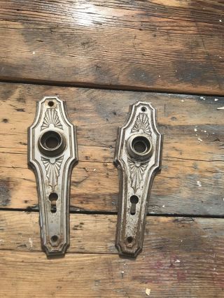 2 Vintage Matching Pair Pressed Steel Door Knob Backplates 6” X 2”