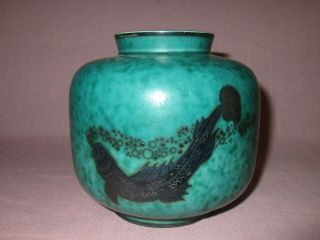 Vintage Gustavsberg Argenta Wilhelm Kage Art Pottery Silver Fish Overlay Vase