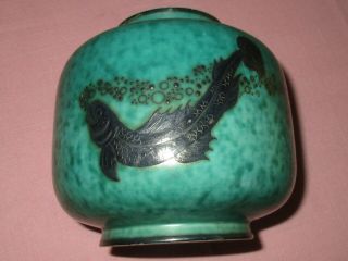Vintage Gustavsberg Argenta Wilhelm Kage Art Pottery Silver Fish Overlay Vase 7