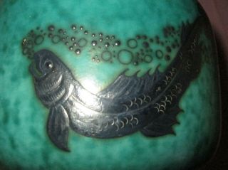 Vintage Gustavsberg Argenta Wilhelm Kage Art Pottery Silver Fish Overlay Vase 8