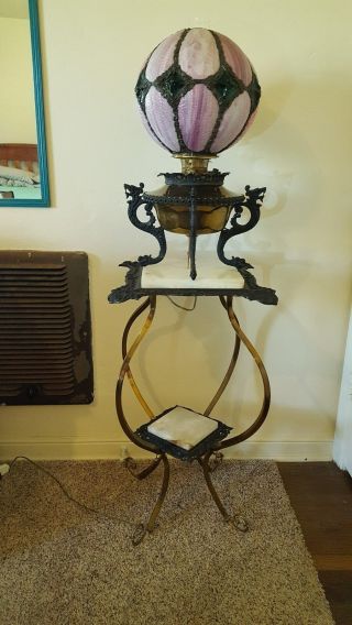 Antique Iron Lamp With Stand And Stained Glass Globe Shade