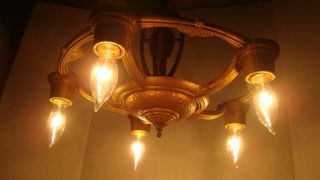 E7176 Art Nouveau Atq Vtg Pan Chandelier Light 5 Lights W/ Pendant 3 Switch