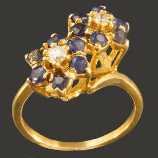 Solid 18k Yellow Gold,  Sapphire & Diamond Estate Flower Ring