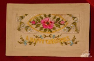 Ww1 Silk Postcard " A Happy Christmas " With Message (inv11125)