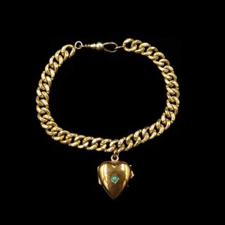 Antique Victorian Turquoise Heart Locket Curb 18ct Gold Engraved Bracelet C.  1900