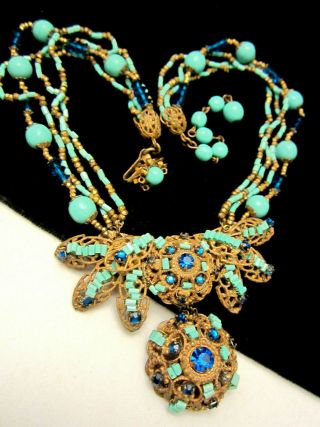 Rare Vintage 16 " Signed Miriam Haskell Blue Rhinestone Turquoise Bead Necklace