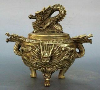 Vintage Style Brass Chinese Dragon Incense Burner / Censer Statue 2