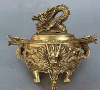 Vintage Style Brass Chinese Dragon Incense Burner / Censer Statue 5