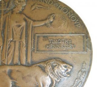 WWI BRITISH MILITARY MEMORIAL DEATH PLAQUE BRONZE MEDAL COIN TIMOTHY HENNESSEY 2
