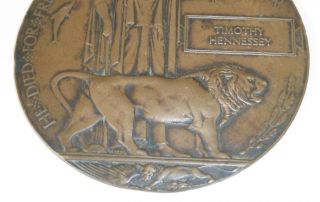 WWI BRITISH MILITARY MEMORIAL DEATH PLAQUE BRONZE MEDAL COIN TIMOTHY HENNESSEY 3
