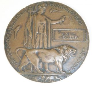 WWI BRITISH MILITARY MEMORIAL DEATH PLAQUE BRONZE MEDAL COIN TIMOTHY HENNESSEY 5