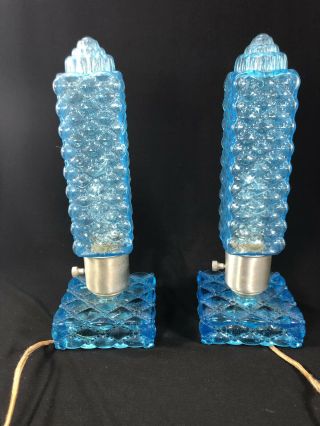 Pair Antique Art Deco Bullet / Torpedo Skyscraper Blue Glass Lamps - Rare W@w