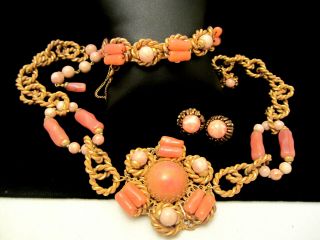 Rare Vintage Signed Miriam Haskell Pink Glass Necklace Bracelet & Earring Set